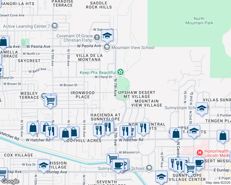 map of restaurants, bars, coffee shops, grocery stores, and more near N 7th Ave & W Cinnabar Ave in Phoenix