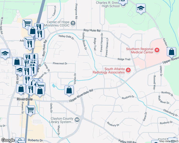 map of restaurants, bars, coffee shops, grocery stores, and more near 348 Riverbrook Court in Riverdale