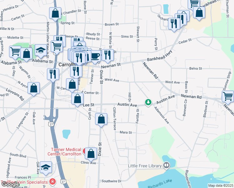 map of restaurants, bars, coffee shops, grocery stores, and more near 227 West Avenue in Carrollton