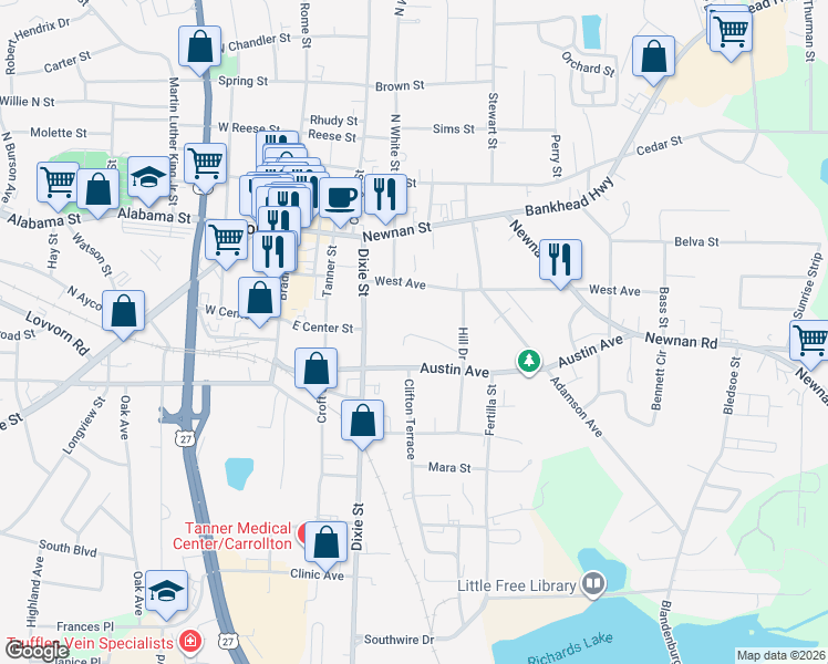 map of restaurants, bars, coffee shops, grocery stores, and more near 114 Tillman Drive in Carrollton