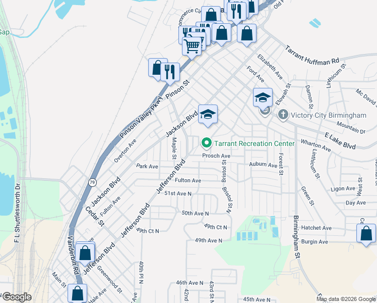 map of restaurants, bars, coffee shops, grocery stores, and more near 1260 Elm Avenue in Birmingham