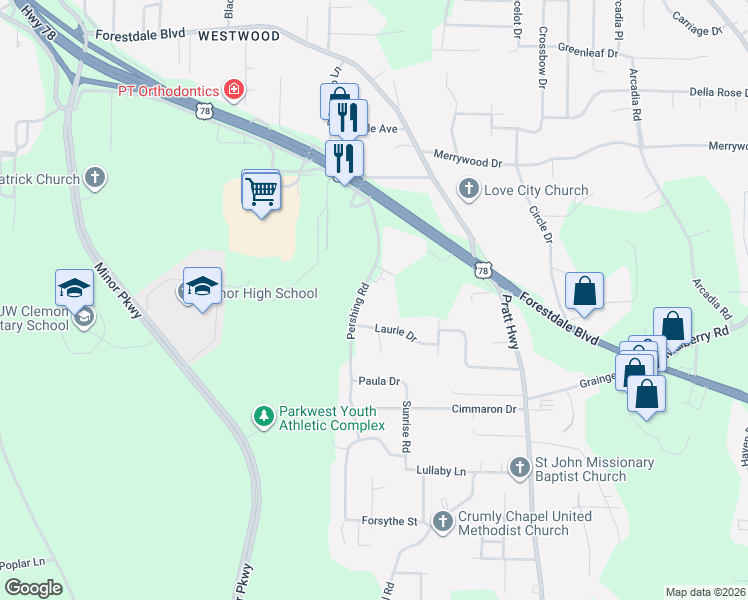 map of restaurants, bars, coffee shops, grocery stores, and more near 2200 Pershing Road in Birmingham
