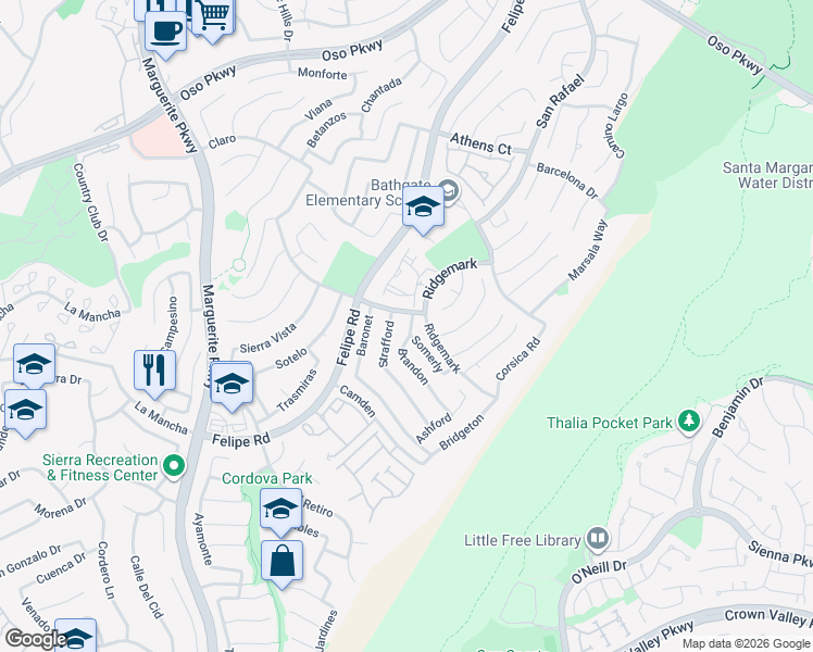 map of restaurants, bars, coffee shops, grocery stores, and more near 26571 Brandon in Mission Viejo