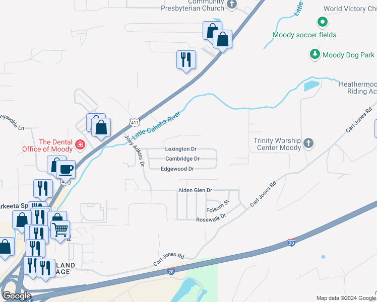 map of restaurants, bars, coffee shops, grocery stores, and more near 1042 Lexington Drive in Moody