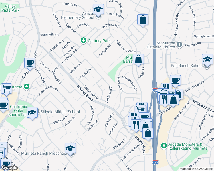 map of restaurants, bars, coffee shops, grocery stores, and more near 24643 Leafwood Drive in Murrieta