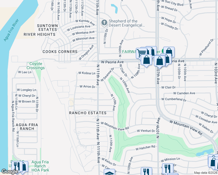 map of restaurants, bars, coffee shops, grocery stores, and more near 10237 North 110th Avenue in Sun City