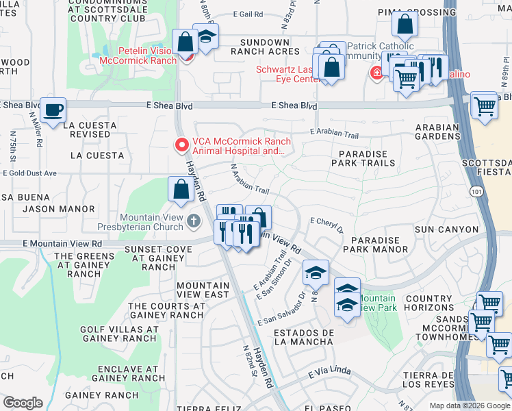 map of restaurants, bars, coffee shops, grocery stores, and more near 8218 East Lippizan Trail in Scottsdale