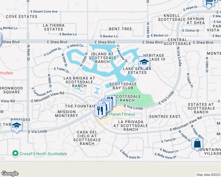 map of restaurants, bars, coffee shops, grocery stores, and more near 10143 East Topaz Drive in Scottsdale