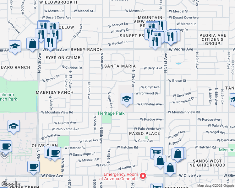 map of restaurants, bars, coffee shops, grocery stores, and more near 10013 North 54th Avenue in Glendale