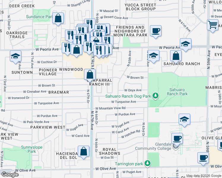 map of restaurants, bars, coffee shops, grocery stores, and more near 6518 West Cinnabar Avenue in Glendale