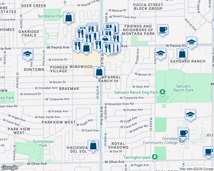 map of restaurants, bars, coffee shops, grocery stores, and more near 6618 West Cinnabar Avenue in Glendale