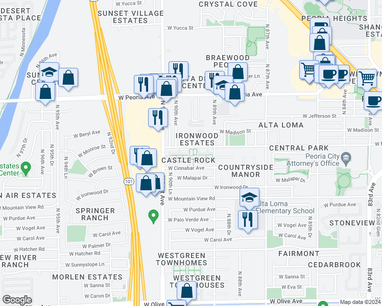 map of restaurants, bars, coffee shops, grocery stores, and more near 8954 West Monroe Street in Peoria