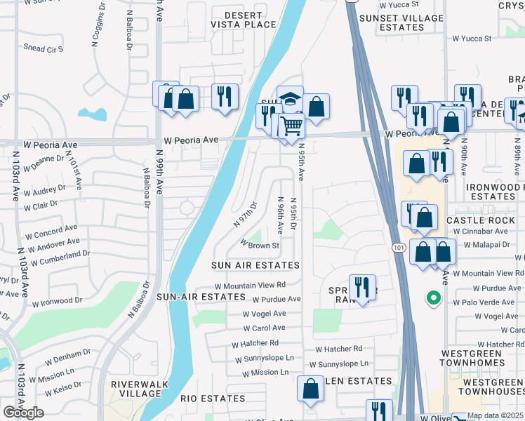 map of restaurants, bars, coffee shops, grocery stores, and more near 10220 North 97th Avenue in Peoria