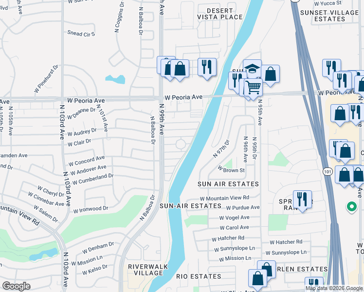map of restaurants, bars, coffee shops, grocery stores, and more near 10201 North 99th Avenue in Peoria