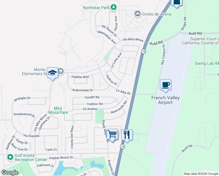 map of restaurants, bars, coffee shops, grocery stores, and more near 37401 Hydrus Place in Murrieta
