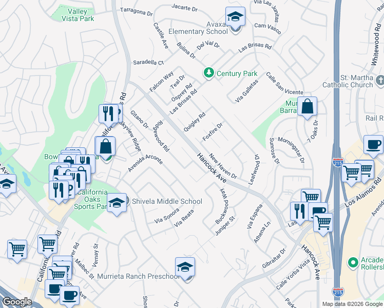 map of restaurants, bars, coffee shops, grocery stores, and more near 24468 Westhaven Court in Murrieta