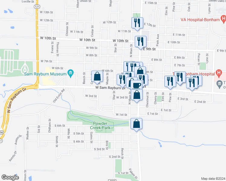 map of restaurants, bars, coffee shops, grocery stores, and more near 220 West Sam Rayburn Drive in Bonham