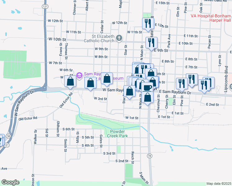 map of restaurants, bars, coffee shops, grocery stores, and more near 410 West Sam Rayburn Drive in Bonham