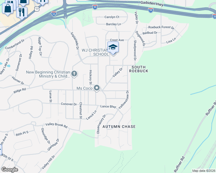 map of restaurants, bars, coffee shops, grocery stores, and more near 613 Shadywood Lane in Birmingham
