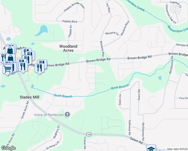 map of restaurants, bars, coffee shops, grocery stores, and more near 100 Amberjack Trail in Covington