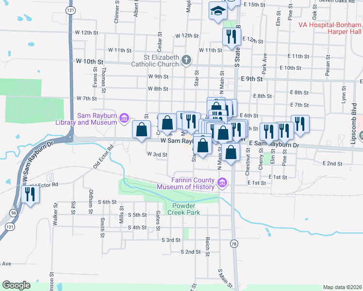 map of restaurants, bars, coffee shops, grocery stores, and more near 410 West Sam Rayburn Drive in Bonham