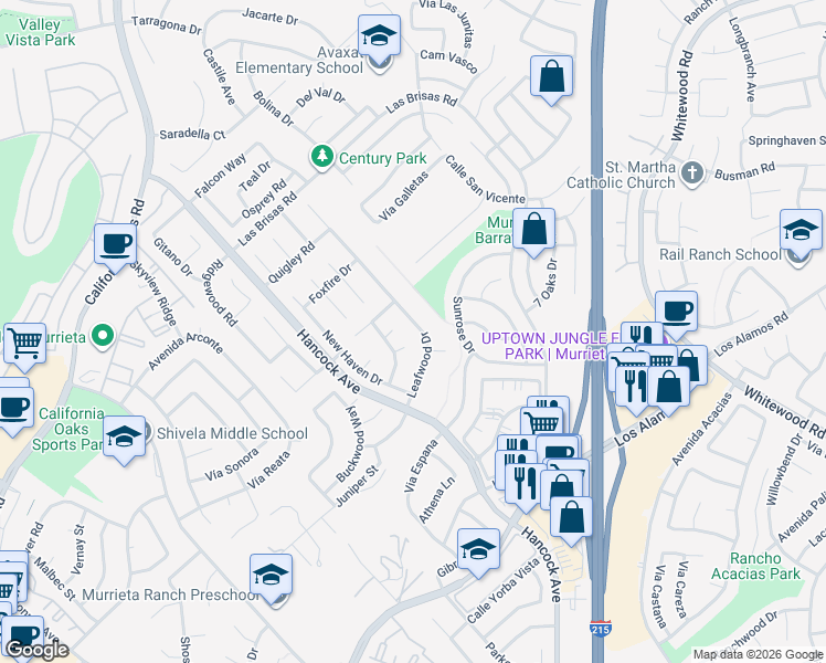 map of restaurants, bars, coffee shops, grocery stores, and more near 24643 Leafwood Drive in Murrieta