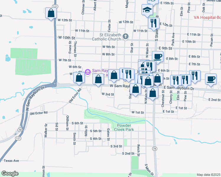 map of restaurants, bars, coffee shops, grocery stores, and more near 518 West Sam Rayburn Drive in Bonham
