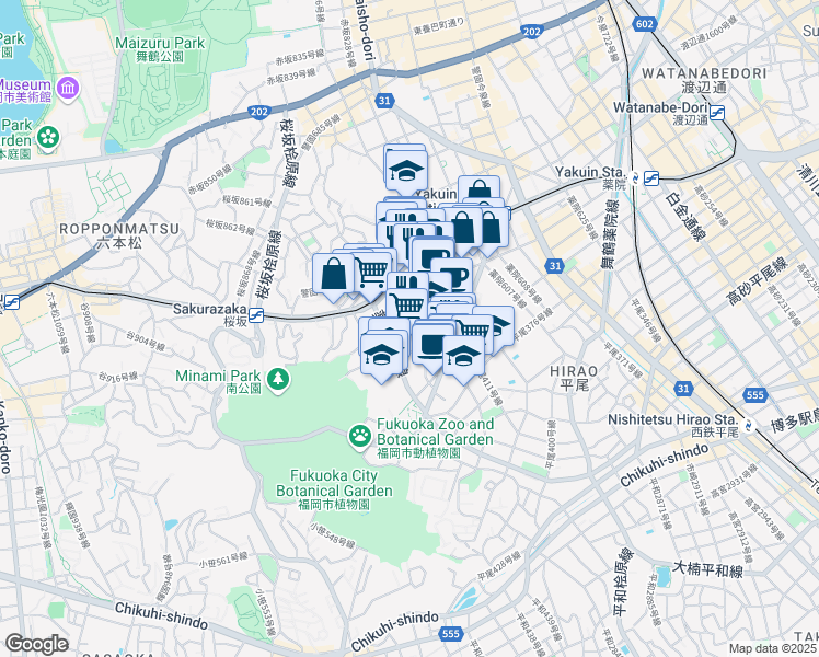 map of restaurants, bars, coffee shops, grocery stores, and more near  in Fukuoka