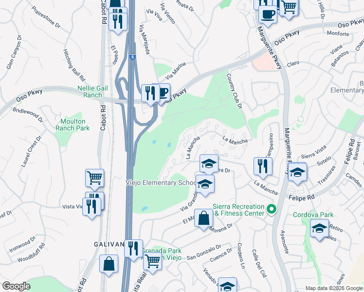 map of restaurants, bars, coffee shops, grocery stores, and more near 26571 Lucinda in Mission Viejo
