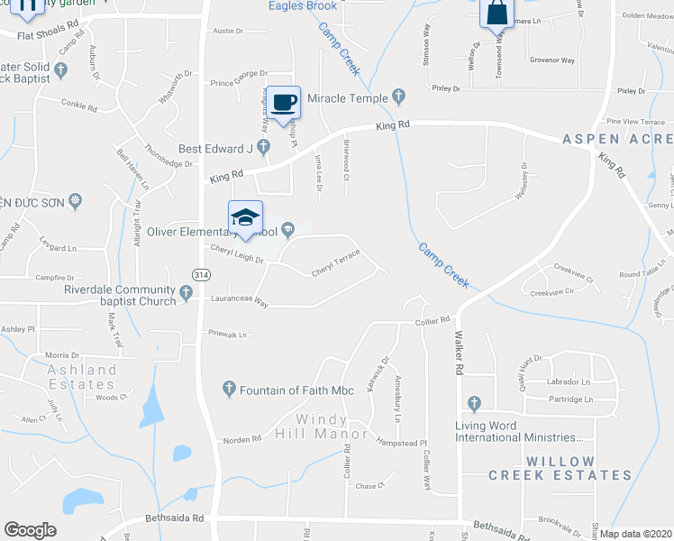 map of restaurants, bars, coffee shops, grocery stores, and more near 1610 Cheryl Terrace in Riverdale