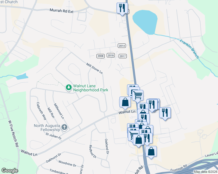 map of restaurants, bars, coffee shops, grocery stores, and more near 132 Mill Stone Lane in North Augusta