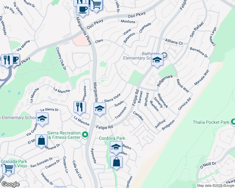 map of restaurants, bars, coffee shops, grocery stores, and more near 26595 Sierra Vista in Mission Viejo