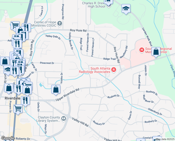 map of restaurants, bars, coffee shops, grocery stores, and more near 6527 River Park Drive in Riverdale