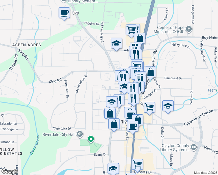 map of restaurants, bars, coffee shops, grocery stores, and more near 828 King Road in Riverdale