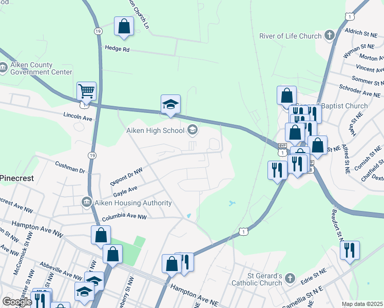 map of restaurants, bars, coffee shops, grocery stores, and more near 2-118 Dupont Drive Northwest in Aiken