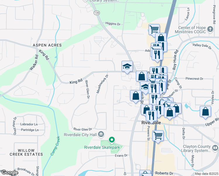 map of restaurants, bars, coffee shops, grocery stores, and more near 6499 Wild Turkey Trail in Riverdale