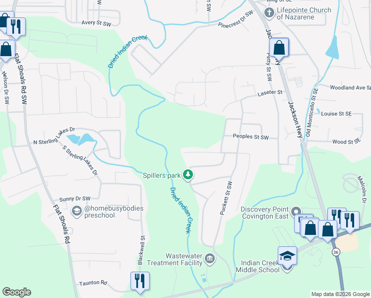 map of restaurants, bars, coffee shops, grocery stores, and more near 8246 Collier Street Southwest in Covington