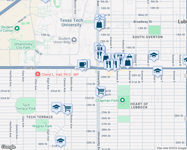 map of restaurants, bars, coffee shops, grocery stores, and more near 2501 19th Street in Lubbock