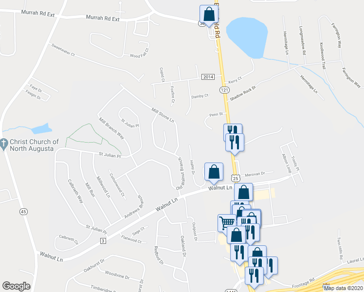 map of restaurants, bars, coffee shops, grocery stores, and more near 116 Mill Stone Lane in North Augusta