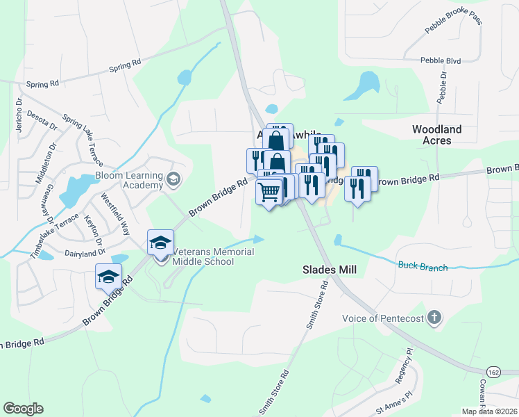 map of restaurants, bars, coffee shops, grocery stores, and more near 13015 Brown Bridge Road in Covington