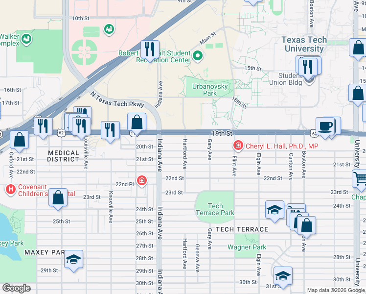 map of restaurants, bars, coffee shops, grocery stores, and more near 3302 20th Street in Lubbock