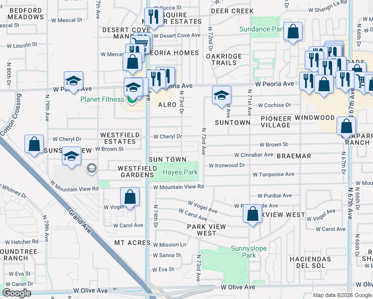 map of restaurants, bars, coffee shops, grocery stores, and more near 7325 West Cheryl Drive in Peoria