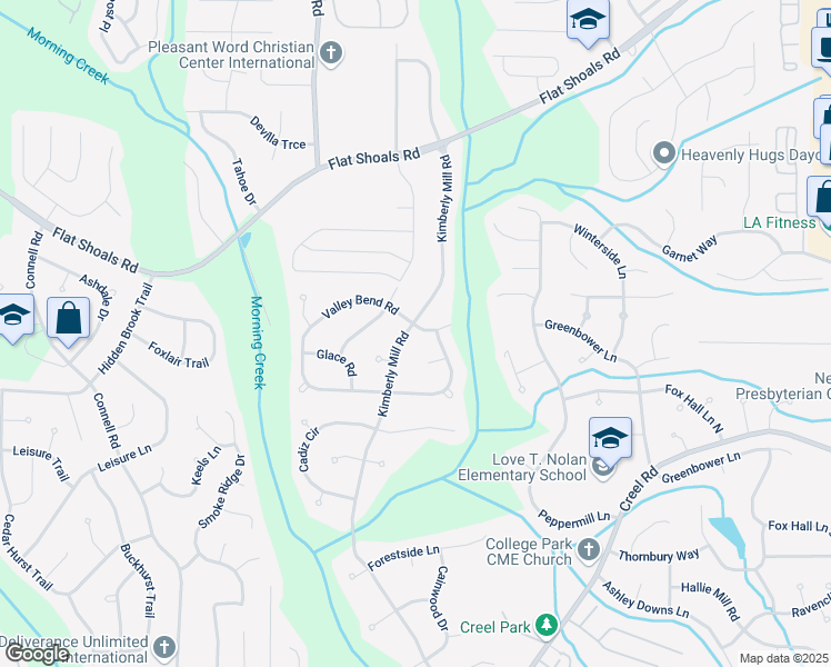 map of restaurants, bars, coffee shops, grocery stores, and more near 6570 Kimberly Mill Road in Atlanta