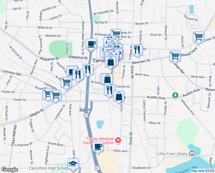 map of restaurants, bars, coffee shops, grocery stores, and more near 315 Bradley Street in Carrollton