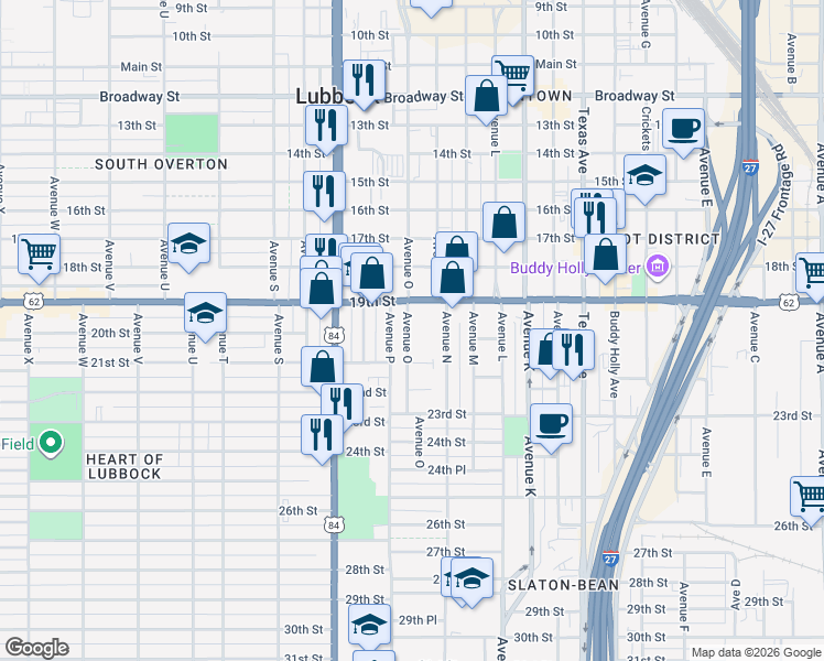 map of restaurants, bars, coffee shops, grocery stores, and more near 2001-2099 Avenue P in Lubbock