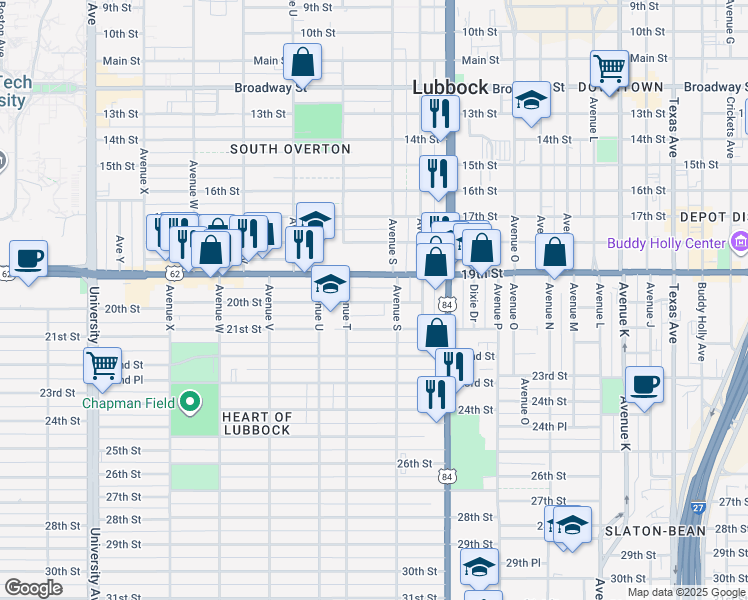 map of restaurants, bars, coffee shops, grocery stores, and more near 1929 19th Street in Lubbock