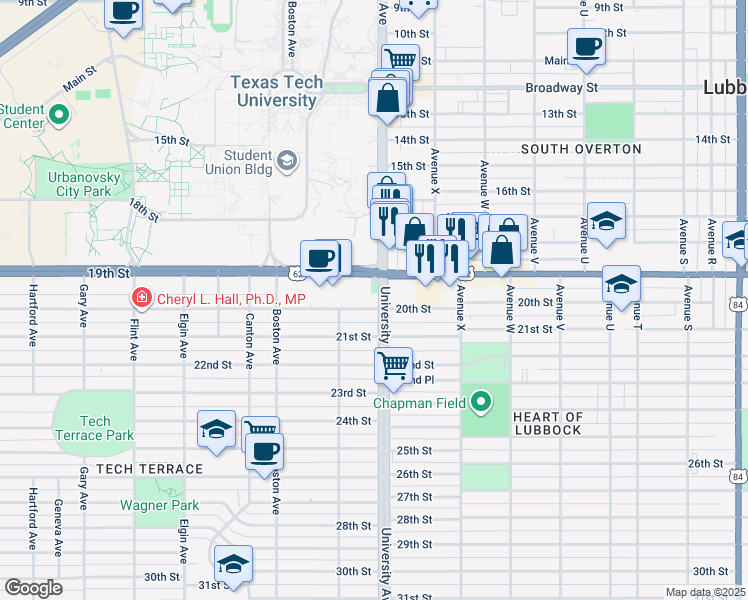 map of restaurants, bars, coffee shops, grocery stores, and more near 2501 19th Street in Lubbock