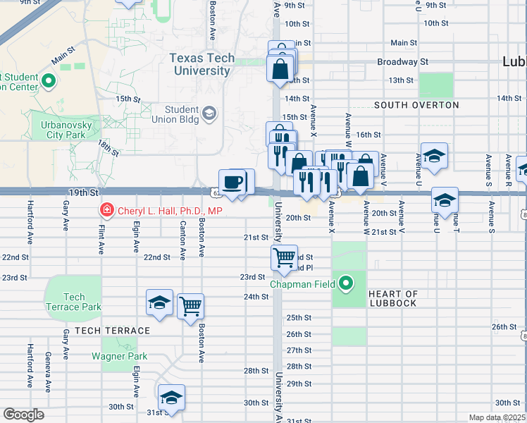 map of restaurants, bars, coffee shops, grocery stores, and more near 2501 19th Street in Lubbock