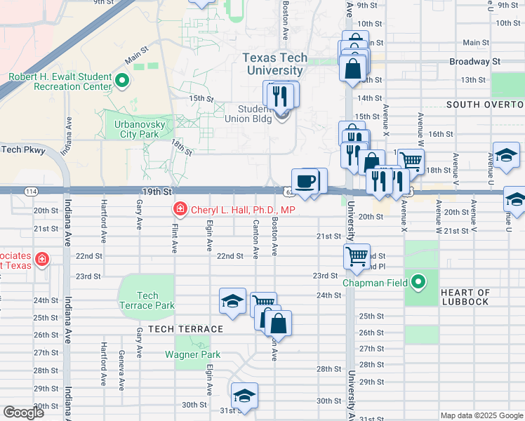 map of restaurants, bars, coffee shops, grocery stores, and more near 2701 19th Street in Lubbock