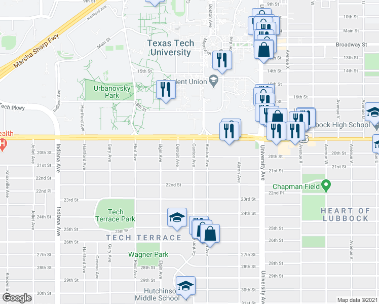 map of restaurants, bars, coffee shops, grocery stores, and more near 2809 19th Street in Lubbock